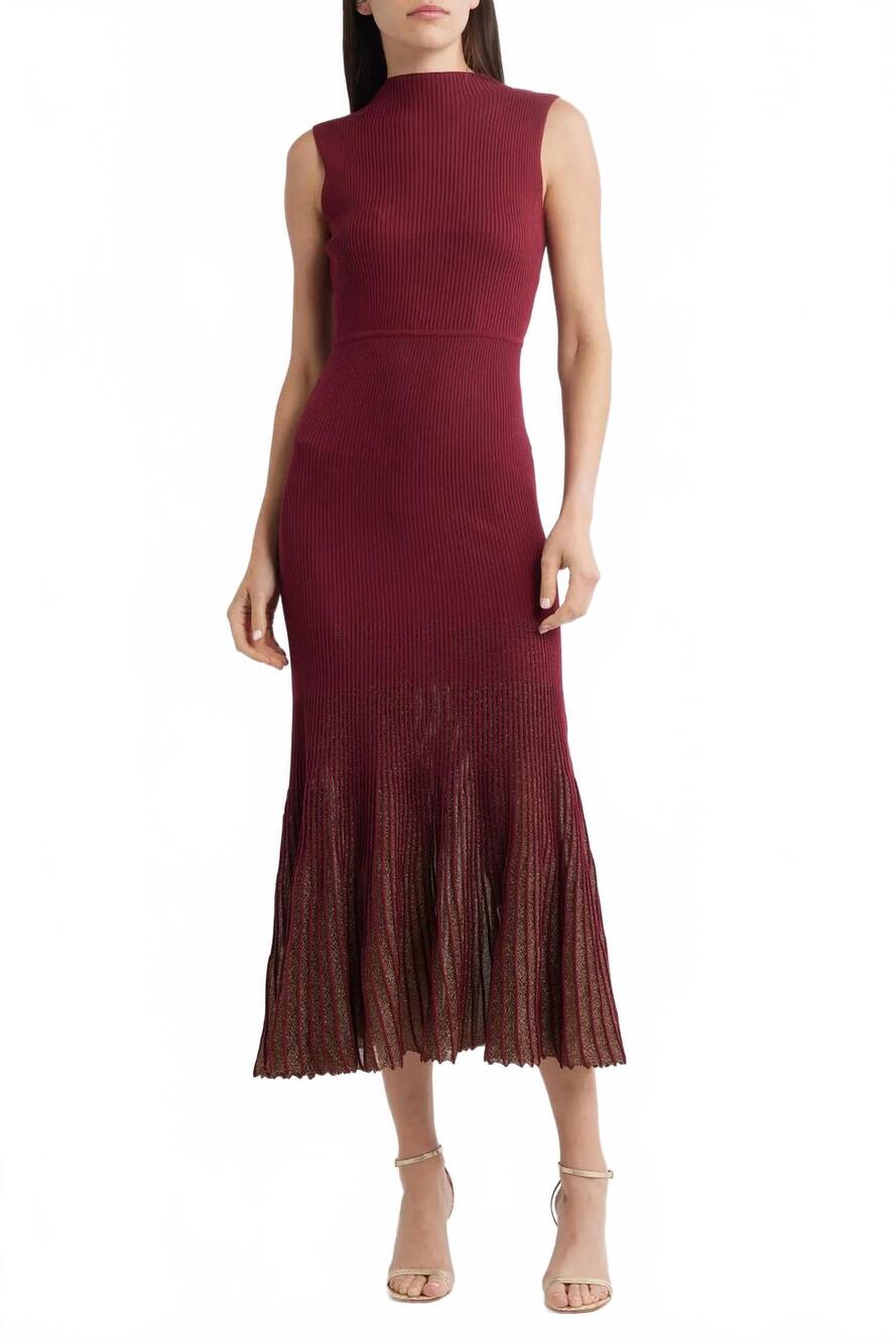 NEW MOON RIVER mock neck pleated midi dress in burgundy